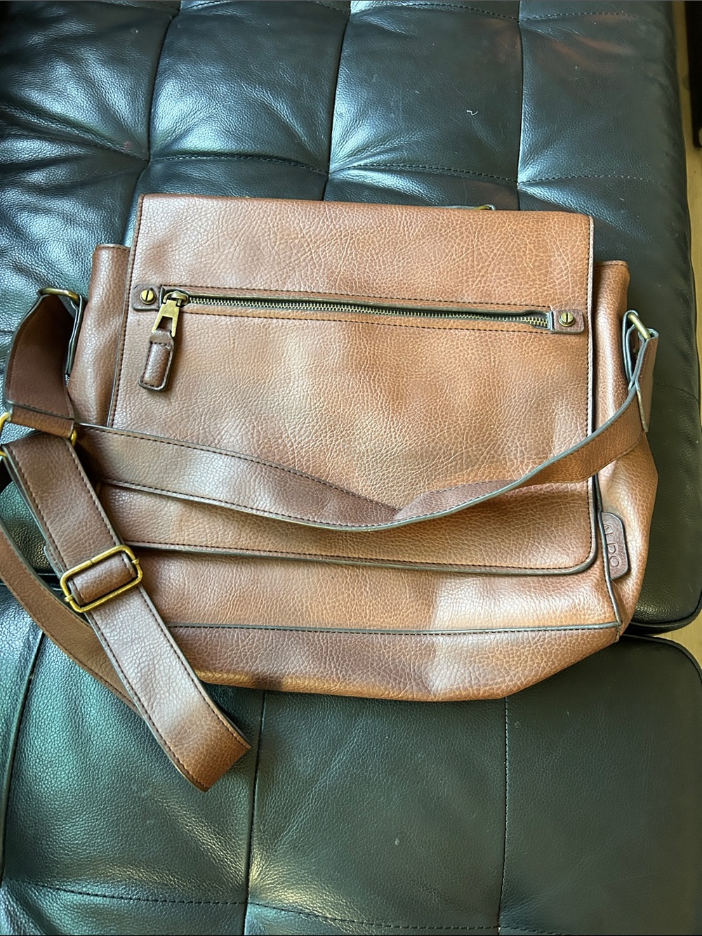 Aldo Tan/Brown Leather Messenger Bag with Front Zip Pocket